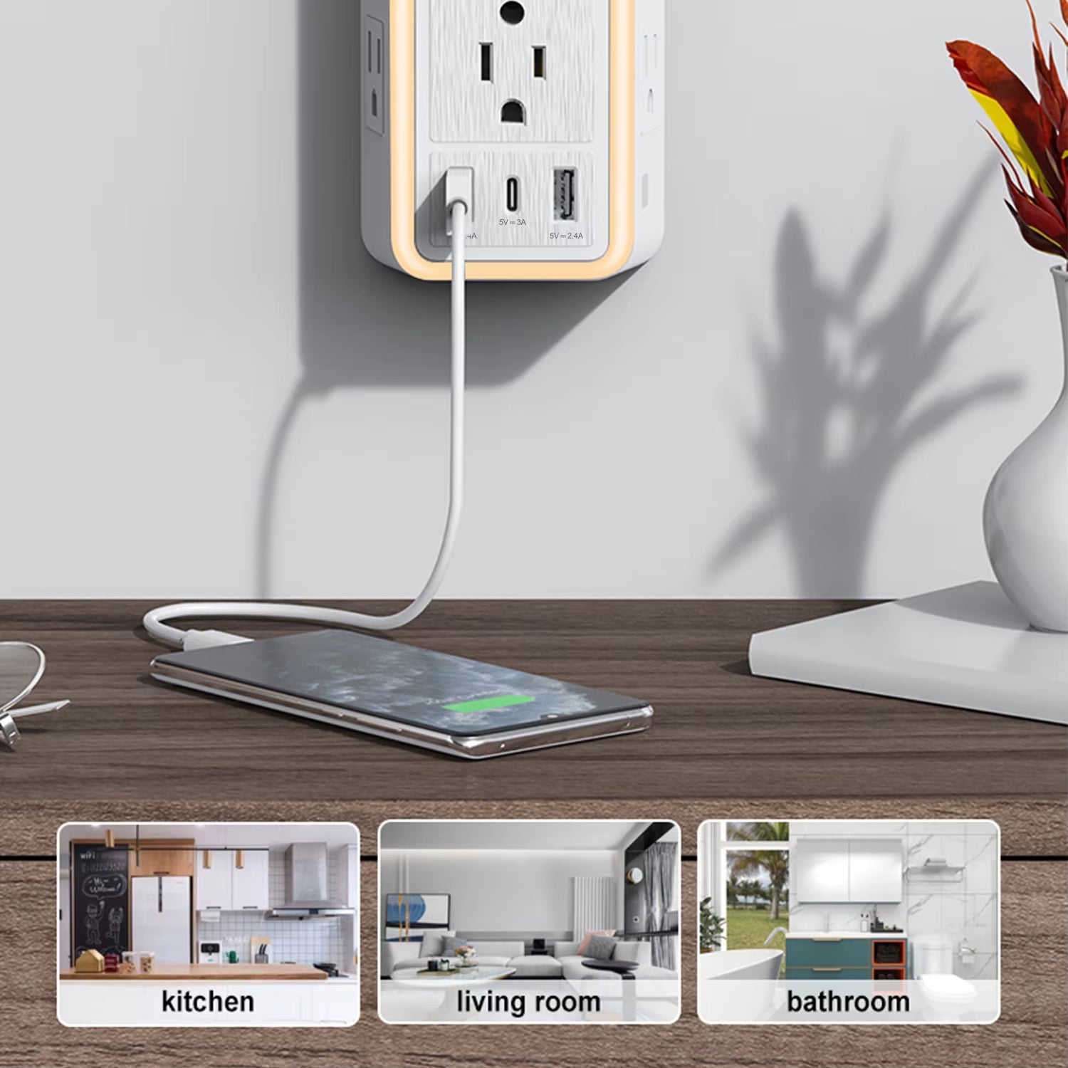 6-Outlet USB Wall Charger Extender – Surge Protected with USB-C, 3 USB Ports & Built-In Night Light