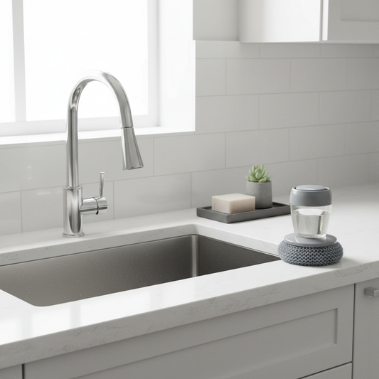 Soap dispensing dish brush on modern kitchen countertop