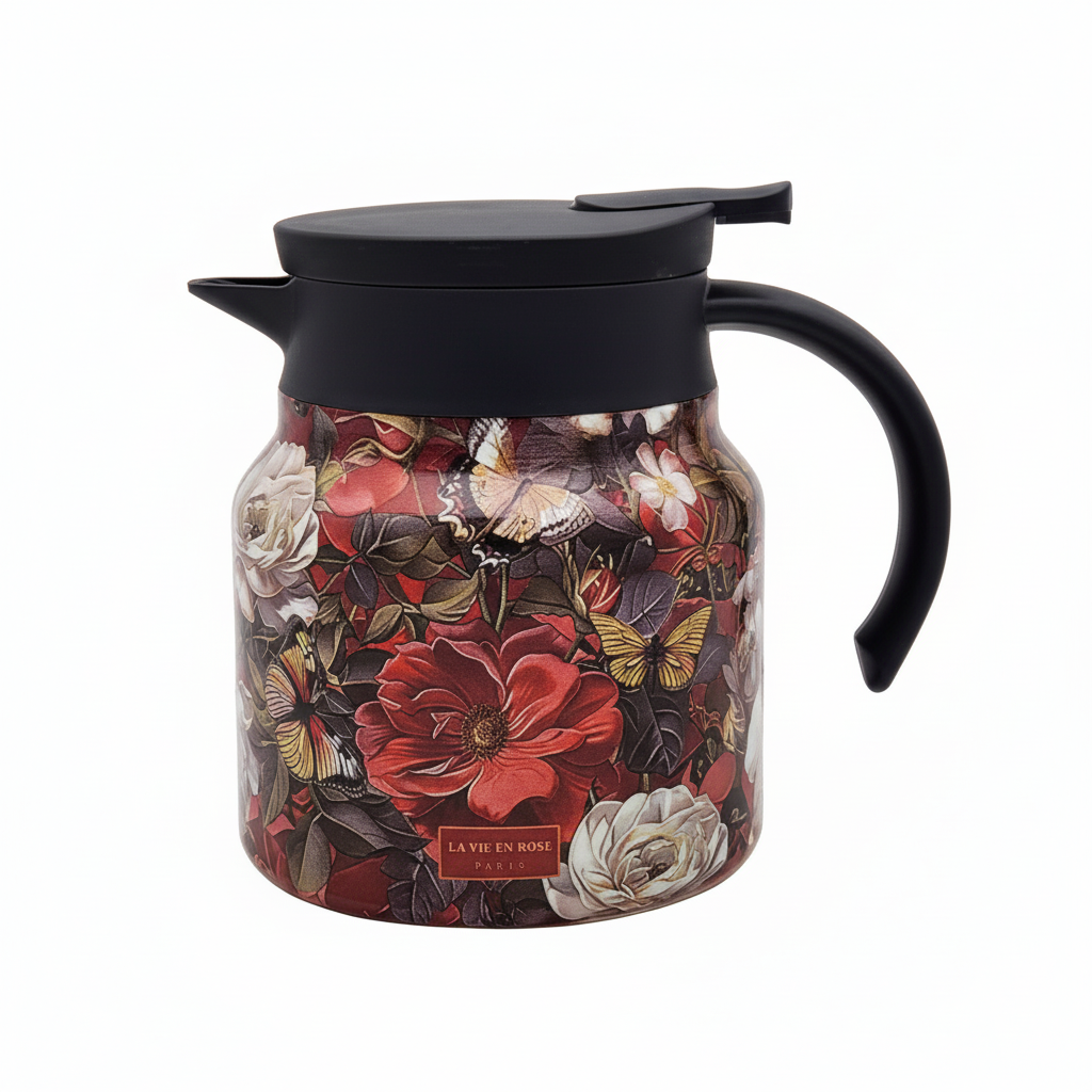 Vintage thermal insulation tea and coffee pot with floral pattern