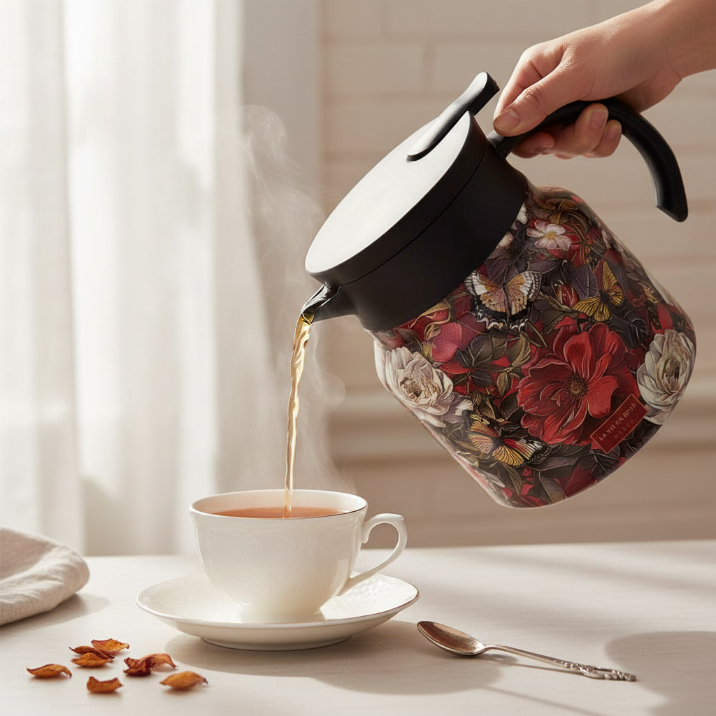 Vintage thermal tea pot pouring hot tea into teacup
